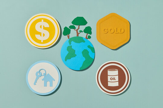 Sustainable business with oil, money, gold, real estate