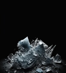 Obraz premium Shards of shiny glass and ice in flight, isolate, black background. AI generated