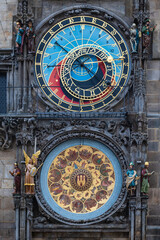 Fototapeta na wymiar Close-up of the medieval Prague astronomical clock (Prague Orloj, 1410) attached to the Old Town Hall in Prague, the capital of the Czech Republic.