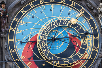 Close-up of the medieval Prague astronomical clock (Prague Orloj, 1410) attached to the Old Town Hall in Prague, the capital of the Czech Republic.
