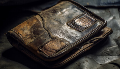 Antique leather suitcase holds weathered Bible diary generated by AI