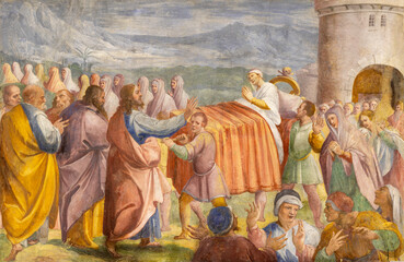 NAPLES, ITALY - APRIL 22, 2023: The fresco of Resurrection of the Widow's Son at Nain in the church Chiesa di Santa Maria di Piedigrotta by Belisario Corenzio (1558 – 1646).