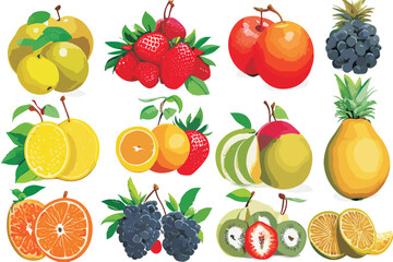 Vector set of exotic fruits and berries (apple, grape, pear, lemon, orange, strawberry) with green leaves isolated on a white background. 