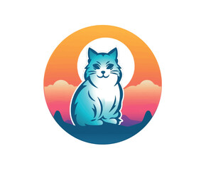 Vector illustration of cartoon cat on sunset background