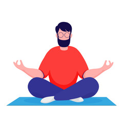 Meditating man with beards and glasses. Illustration for yoga, meditation, and healthy lifestyle. Vector illustration in flat cartoon style.
