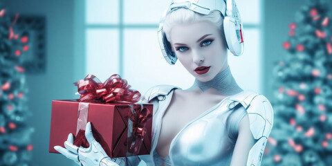 Beautiful happy woman model humanoid android cyborg, giving a red box gift on holiday event, christmas background, new years holidays, AI Generated.