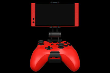Realistic red joystick for playing games on a mobile phone on black background