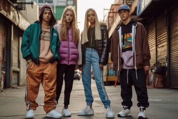 Fototapeta premium A street-style fashion shoot featuring models wearing trendy urban outfits, including baggy jeans, sneakers, and oversized hoodies, reflecting the fashion influence of hip-hop culture. Generative AI