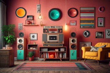A retro living room setup with a hi-fi system consisting of a cassette player, equalizer, and speakers, surrounded by vintage posters and colorful decor. Generative AI