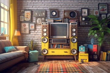 A retro living room setup with a hi-fi system consisting of a cassette player, equalizer, and speakers, surrounded by vintage posters and colorful decor. Generative AI - obrazy, fototapety, plakaty