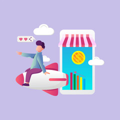 Landing page with man carrying supermarket cart, riding rocket, buying products in internet store and place for text. Enjoy online shopping. Flat vector illustration for mobile app advertisement.