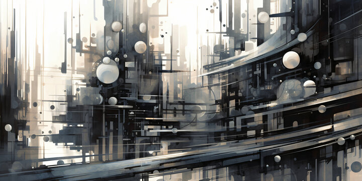 Futuristic city's dark abstract art features high-angle shots of fragmented, organic, and mechanized forms with muted tones and inkblots.