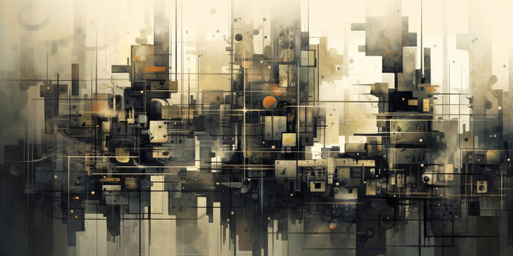 Futuristic city's dark abstract art features high-angle shots of fragmented, organic, and mechanized forms with muted tones and inkblots.