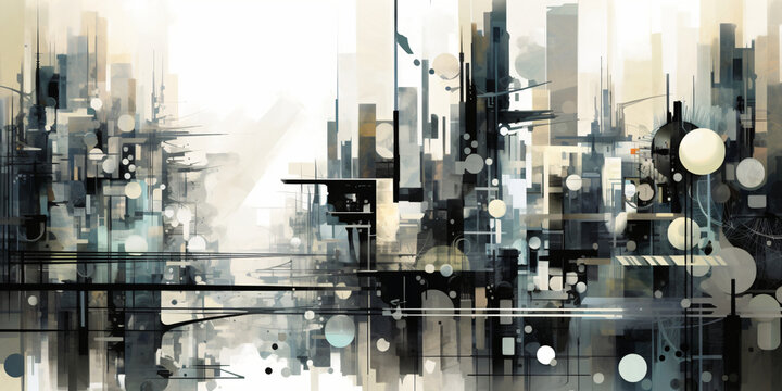 Futuristic city's dark abstract art features high-angle shots of fragmented, organic, and mechanized forms with muted tones and inkblots.