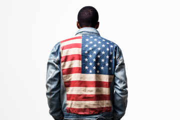 hombre de raza negra de espaldas sobre fondo balnco con bandera americana en una cazadora vaquera,ilustracion de IA generativa