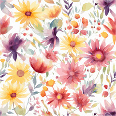 Fototapeta na wymiar Seamless Pattern Watercolor Flowers