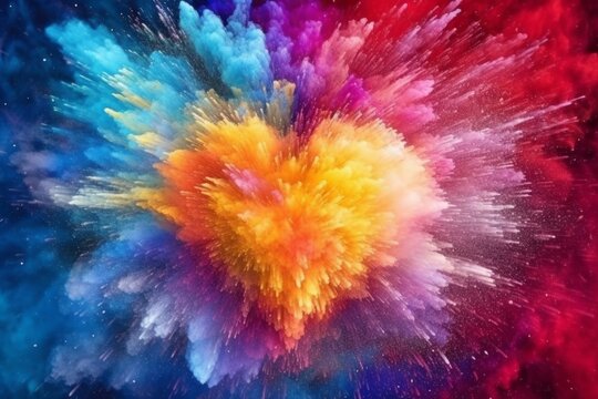 Abstract background with heart in rainbow colors, rainbow explosion powder. Generative AI