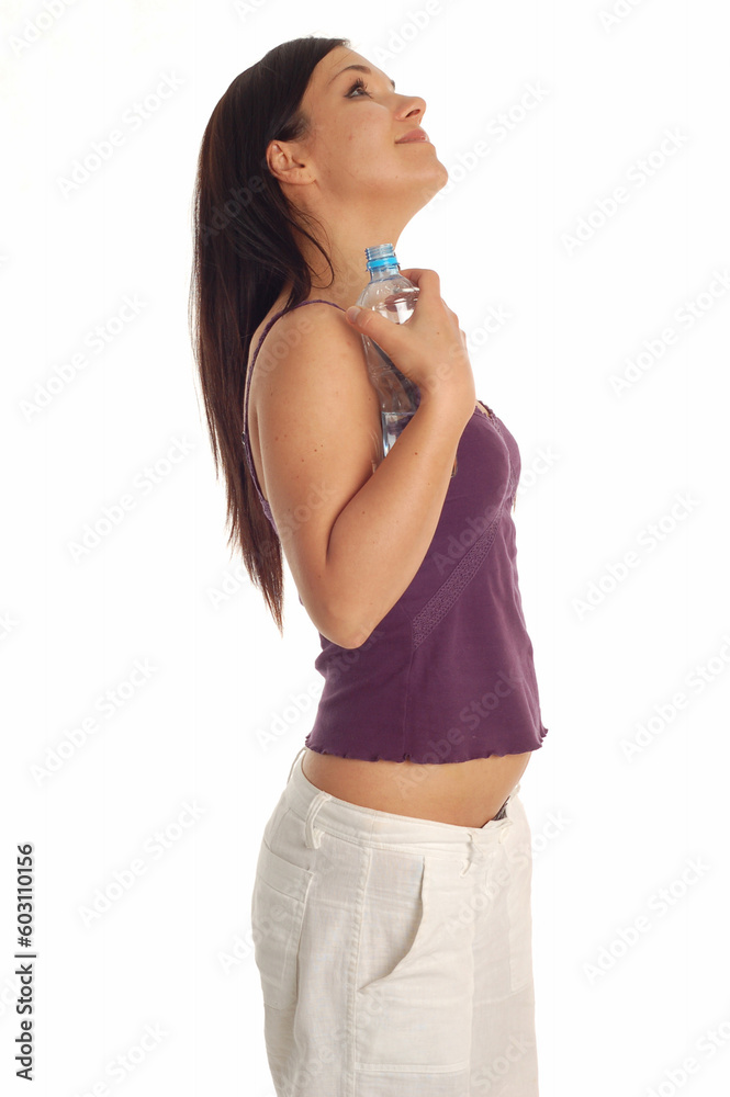 Sticker attractive woman with bottle of water on white background