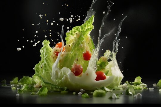 A dynamic image capturing the process of tossing an iceberg salad in a bowl. The motion of the salad ingredients creates a sense of energy and freshness. Generative AI