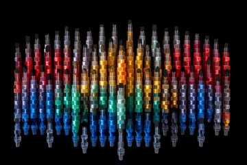 A composition of multiple vials filled with colorful vaccines, arranged in a symmetrical pattern, highlighting the efficiency and scale of production. Generative AI