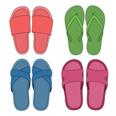 A set of slippers of different colors, shapes and types. Flat illustration. Vector image.