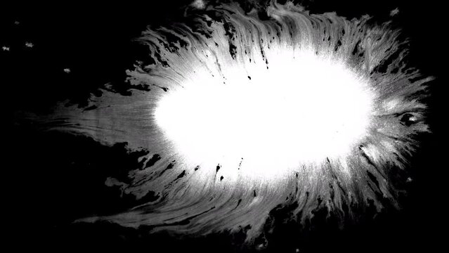 Beautiful white watercolor ink drops transition on black background, paint bleed Bloom, with circle organic flow expanding, pure splatter spreading. Perfect for motion graphics, digital composition