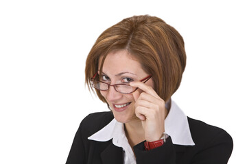 Portrait of a young woman with glasses.