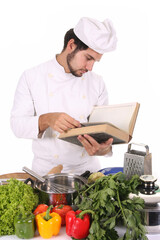 young chef preparing lunch on white background