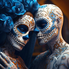 Dia de los muertos, male and female catrina: Catrina and Catrin wearing sugar skull make up. Halloween. Generative AI