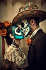 Dia de los muertos, male and female catrina: Catrina and Catrin wearing sugar skull make up. Halloween. Generative AI