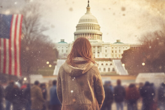 Mujer joven  de espaldas mirando al capitolio con numerosas banderas americanas y personas, ilustracion de IA generativa