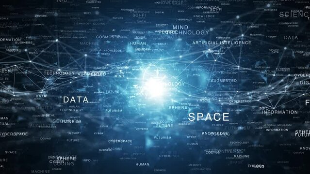 Digital technology word cloud with lines and glowing light animation.