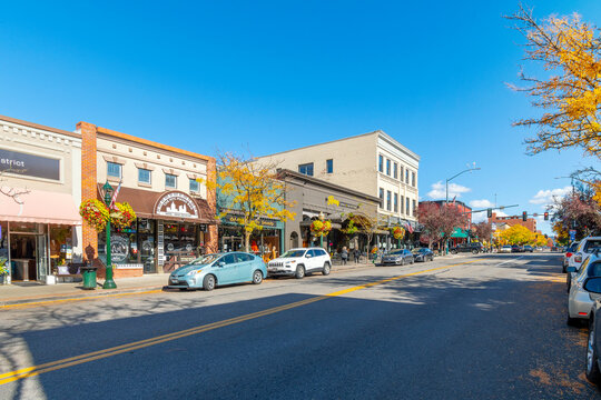 General view of the historic turn of the century Sherman Avenue, the main street through the downtown lakefront city of Coeur d'Alene, Idaho, USA, on October 11 2022.	