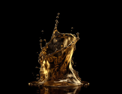 golden splash isolated on a black background, liquid gold fluid luxury, background or graphic design element perfect for the fashion or cosmetic industry, generative AI