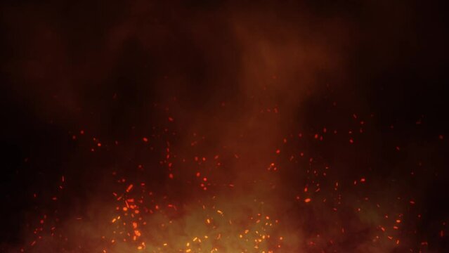 Loop fire flames with sparks, smoke and flickering lights animation background.