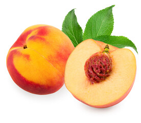 peach fruit with green leaf and slices isolated on white background. clipping path