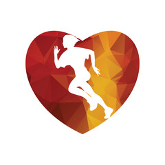 Running woman side view. vector illustration. inside the shape of heart icon. 