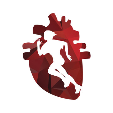 Running woman side view. vector illustration. inside the shape of human heart red pattern color. 