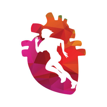 Running woman side view. vector illustration. inside the shape of human heart pattern color. 