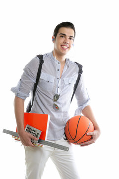 American look student boy with basket ball and notebook isolated on white
