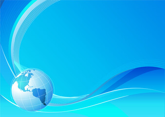 Vector illustration of blue abstract lines background - composition of curved lines and globe