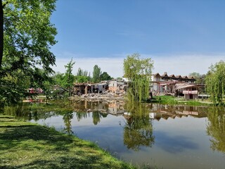 building after a rocket explosion in the center of a park in Ukraine