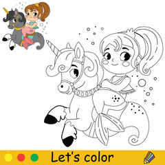Kids coloring cute mermaid ride on a seahorse vector