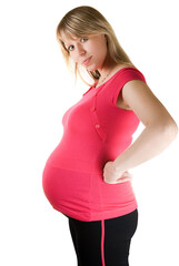 Caucasian woman is 9 months pregnant isolated on white background