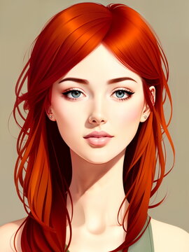 Portrait of a young red head beautiful woman.Digital creative designer art painted drawing.AI generative illustration