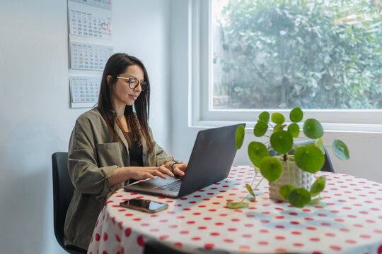 Smiling woman using laptop at home