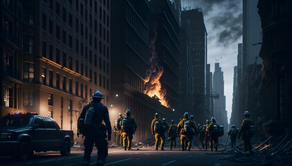 Obraz premium Fiery Battle: Firefighters Confronting Big Flames in New York City Created With Generative Ai
