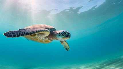 A turtle swimming in the ocean with the sun shining on it. World Turtle Day.