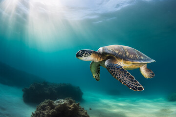 Obraz premium A turtle swimming in the ocean with the sun shining on it. World Turtle Day.