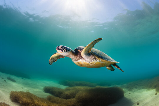 A turtle swimming in the ocean with the sun shining on it. World Turtle Day.